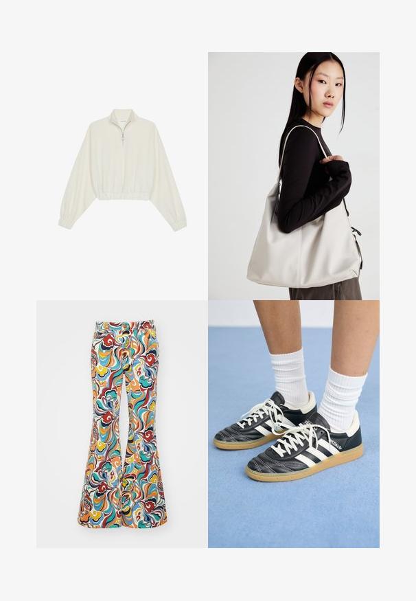 Pullover accorciato in tessuto crema, con colletto alto, chiusura a zip parziale, orlo e polsini elasticizzati, dalla texture liscia e design minimal.; Pantaloni a zampa d'elefante realizzati in tessuto con un motivo a spirale colorato nei toni di rosso, blu, arancione e giallo, con una cintura con bottone.; Sneaker in pelle nera con strisce bianche, punta rotonda, lacci bianchi e suola in gomma. Menzionate del collare imbottito e dettagli del marchio.; Borsa a mano beige realizzata in materiale morbido, caratterizzata da un design morbido, dettagli cuciti e due manici. Adatta per l'uso quotidiano.