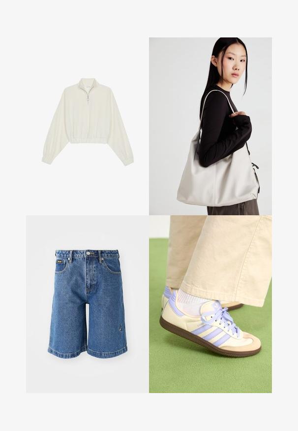 Kort genser i kremfarget stoff, med høy krage, halv glidelås, elastisk nederste kant og mansjetter, med en glatt tekstur og minimalistisk design.; Blå denimshorts med rett snitt, fem lommer og kontrasterende gule sting. Inkluderer en liten logo på venstre side.; Kremfargede og lavendelfargede joggesko med tre striper og en teksturert brun såle, med lisser og en polstret hæl. Mykt stofføvre.; Beige håndveske laget av mykt materiale, med en slapp design, sydd detaljer og to skulderstropper. Passer for daglig bruk.