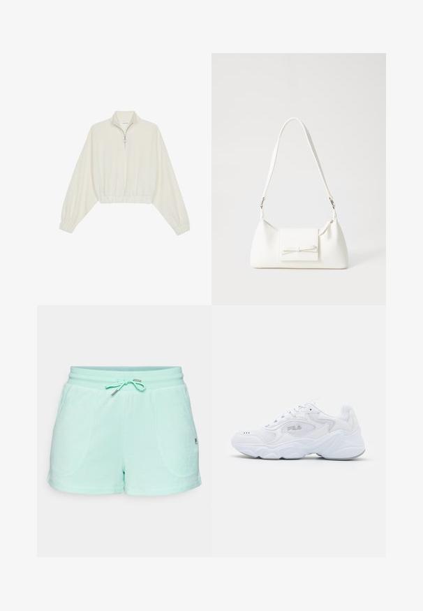 Kreminės spalvos trumpas megztinis, turintis aukštą apykaklę, pusiau užtrauktuką, elastinį apačią irRankovių kraštus, su lygiu paviršiumi ir minimalizuotu dizainu.; Šviesiai žali šortai, pagaminti iš minkštos medžiagos, su reguliuojama juostos raišteliu, dviem šoninėmis kišenėmis ir subtiliais siuvinėjimo akcentais.; Balta sportinė avalynė su tekstūruota tinkleliu viršuje, paminkštintu auliuku ir storu padu. Yra logotipas šone ir raištelių užsegimas.; Balta sintetinė rankinė trikampio formos, plokščiu priekiu su užsegimu, kaspino detale, reguliuojama dirželiu, lygia tekstūra ir minimalistišku dizainu.