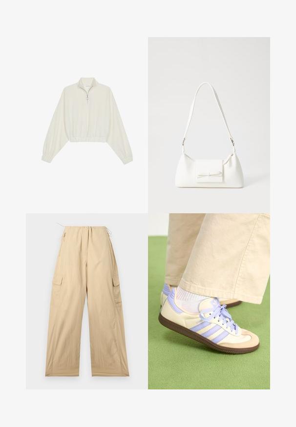 Kort genser i kremfarget stoff, med høy krage, halv glidelås, elastisk nederste kant og mansjetter, med en glatt tekstur og minimalistisk design.; Beige cargo bukser med en afslappet pasform, der har en trækkaftesvigt i maven, to sidelommer og et glat, let stof.; Kremfargede og lavendelfargede joggesko med tre striper og en teksturert brun såle, med lisser og en polstret hæl. Mykt stofføvre.; Hvit syntetisk håndveske med trekantet form, flat klaff foran og sløyfe detaljer, justerbar stropp, glatt tekstur og minimalistisk design.