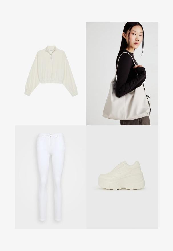 Kreminės spalvos trumpas megztinis, turintis aukštą apykaklę, pusiau užtrauktuką, elastinį apačią irRankovių kraštus, su lygiu paviršiumi ir minimalizuotu dizainu.; Balti liesi džinsai, pagaminti iš džinsinio audinio, su aukštu liemeniu, penkiomis kišenėmis, sagos uždarymu ir lygiu, vienalytės tekstūros paviršiumi.; Baltos platformos sportbačiai su lygiu odos primenančiu paviršiumi, apvalia forma, paminkštintu apykakle ir tekstūruotu guminiu padu su ryškiais protektoriais.; Bežinė rankinė, pagaminta iš minkštos medžiagos, turinti laisvą dizainą, siuvinėtas detalės ir dvi petnešos. Tinkama kasdieniam naudojimui.