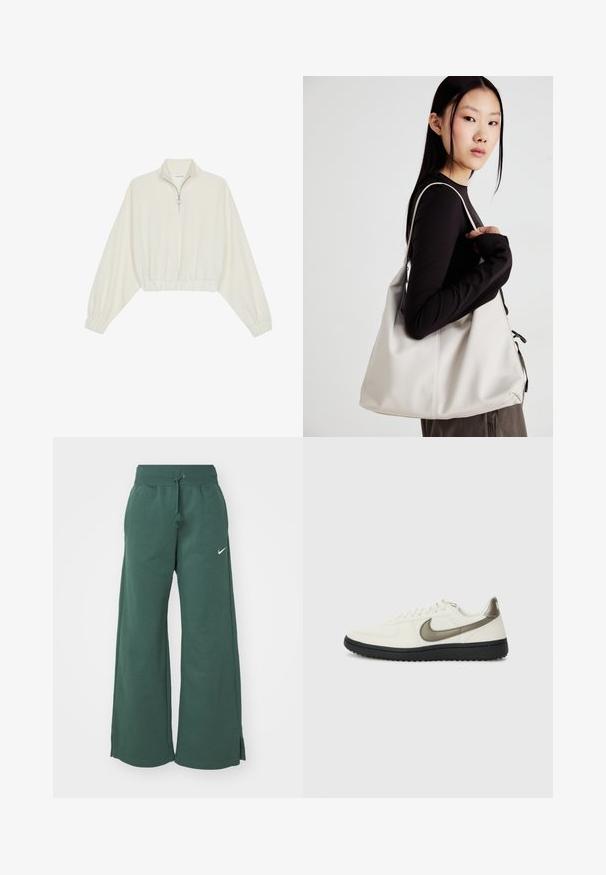 Kreminės spalvos trumpas megztinis, turintis aukštą apykaklę, pusiau užtrauktuką, elastinį apačią irRankovių kraštus, su lygiu paviršiumi ir minimalizuotu dizainu.; Žalios plačios kelnės su surišamu juosmeniu, pagamintos iš minkštos medžiagos. Yra mažas baltas logotipas priekyje ir šoninės skeltos apatinėje dalyje.; Nike Sportswear FIELD GENERAL - Sportbačiai - off-white/black; Bežinė rankinė, pagaminta iš minkštos medžiagos, turinti laisvą dizainą, siuvinėtas detalės ir dvi petnešos. Tinkama kasdieniam naudojimui.