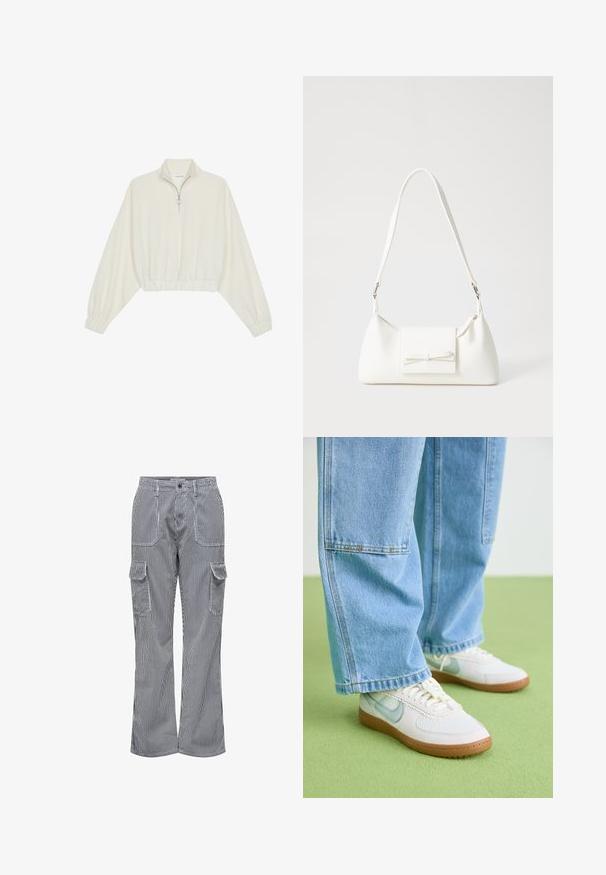 Skraćeni pulover od kremastog materijala, s visokim ovratnikom, zatvaranjem na polovicu munje, elastičnim rubom i manžetama, s glatkom teksturom i minimalnim dizajnom.; Hlače od mješavine pamuka s vertikalnim plavim i bijelim prugama. Imaju dva prednja džepa i dva bočna cargo džepa. Labav kroj.; Bijele tenisice s svijetloplavim naglascima, teksturiranim mrežastim gornjim dijelom i smešim gumiranim potplatom, uparenim s opuštenim svijetloplavim trapericama.; Bijela sintetička torbica s trokutastim oblikom, ravnim prednjim poklopcem i detaljem u obliku mašne, podesivom remenom, glatkom teksturom i minimalističkim dizajnom.