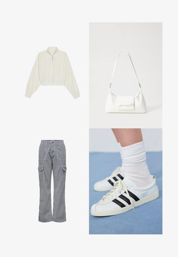 Cropped pullover in cream fabric, featuring a high collar, half-zip closure, elasticated hem and cuffs, with a smooth texture and minimal design.; Cotton blend cargo pants with vertical blue and white stripes. Features two front pockets and two side cargo pockets. Loose fit.; White leather sneakers with black stripes, cream outsole, and light laces. Worn with white ribbed socks, positioned on blue background.; White synthetic handbag with a triangular shape, flat front flap and bow detail, adjustable strap, smooth texture, and minimalistic design.