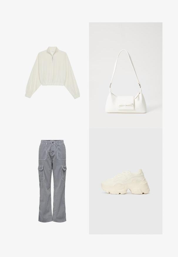 Krém színű, rövidített pulóver, magas gallérral, félig cipzáros záródással, elasztikus derék- és ujjakrésszel, sima textúrával és minimalista dizájnnal.; Pamut keverékből készült cargo nadrág függőleges kék és fehér csíkokkal. Két elülső zsebbel és két oldalsó cargo zsebbel rendelkezik. Laza szabású.; Tömbös fehér sneakers, amely texturált hálóból és szintetikus anyagokból készült, vastag talppal és bonyolult mintázattal az oldalakon.; Fehér szintetikus kézitáska, háromszög alakú, lapos előlap, masni részlettel, állítható pánttal, sima textúrával és minimalista dizájnnal.