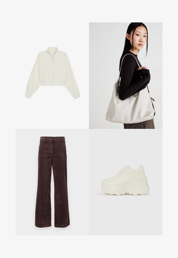 Kreemfarbenest lühikese varrukaga kudum, millel on kõrge kaelus, pool tõmblukk, elastne allosa ja varrukad, sile tekstuur ja minimaalne disain.; MSCH Copenhagen LIESEL - Püksid - raisin; Valged platvormi tõusukingad, millel on siledast nahast meenutav pealis, ümar kuju, pehmendatud kaelus ja tekstureeritud kummitald koos selgete hüdrofoobsete mustritega.; Bež käekott pehme materjali, millel on lõtv disain, õmblustega detailid ja kaks õlarihma. Sobib igapäevaseks kasutamiseks.