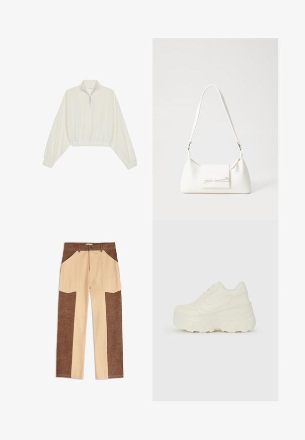 Lyhyt kerrosvaate vaaleasta kankaasta, jossa on korkea kaulus, puolivetoketjukiinnitys, joustavat helma ja hihansuut, tasainen pinta ja minimalistinen muotoilu.; Ruskeat ja vaaleanbeiget cargo-housut sivupatch-taskuilla, joissa on teksturoitua ruskeaa kangasta sivuilla ja sileä vaaleanbeige keskiosa.; Valkoiset tasapohjakengät, joissa on sileä nahkamainen päällinen, pyöristetty muoto, pehmustettu nilkkaosa ja texturoitu kumipohja, jossa on hyvin määritellyt urat.; Valkoinen synteettinen käsilaukku, jossa on kolmikulmainen muoto, tasainen etu läppä ja nauhadetail, säädettävä olkahihna, sileä rakenne ja minimalinen muotoilu.