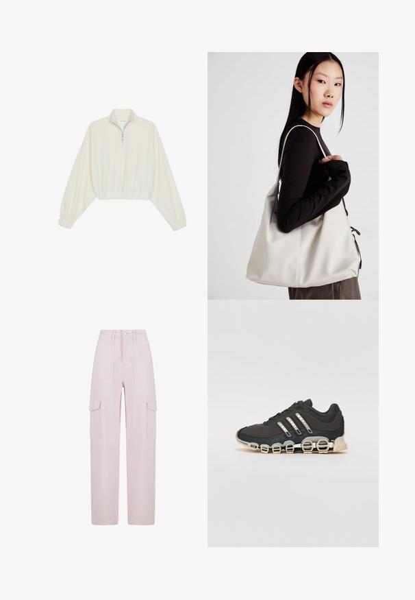 Kort genser i kremfarget stoff, med høy krage, halv glidelås, elastisk nederste kant og mansjetter, med en glatt tekstur og minimalistisk design.; Rosa cargo-bukser med løs passform, to sidelommer med klaff og knappelukking i livet. Laget av et solid materiale med en glatt tekstur.; Svarte sportsko med en strukturert overflate, tre sølvstriper, og en distinkt støtdempende såle med flere integrerte seksjoner.; Beige håndveske laget av mykt materiale, med en slapp design, sydd detaljer og to skulderstropper. Passer for daglig bruk.
