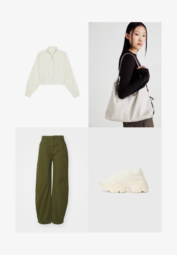 Pulover scurt din stofă crem, cu guler înalt, închidere cu fermoar pe jumătate, elastic la margini și la manșete, cu o textură netedă și un design minimalist.; Pantaloni cargo verde măsliniu din bumbac, cu un design cu picioare largi, buzunare frontale și închidere cu buton la talie.; Tenisi albi voluminoși, fabricați din plasă texturată și materiale sintetice, cu o talpă groasă și detalii de model intricate pe laturi.; Geantă bej din material moale, cu un design lejer, detalii cusute și două bretele pentru umăr. Potrivită pentru utilizarea zilnică.