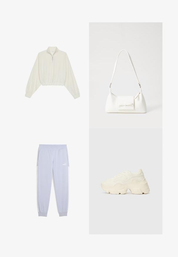 Cropped pullover in cream fabric, featuring a high collar, half-zip closure, elasticated hem and cuffs, with a smooth texture and minimal design.; Light purple jogger pants made of soft material, featuring an elastic waistband, side pockets, and white stripe accents.; Chunky white sneakers made of textured mesh and synthetic materials, featuring a thick sole and intricate pattern details along the sides.; White synthetic handbag with a triangular shape, flat front flap and bow detail, adjustable strap, smooth texture, and minimalistic design.