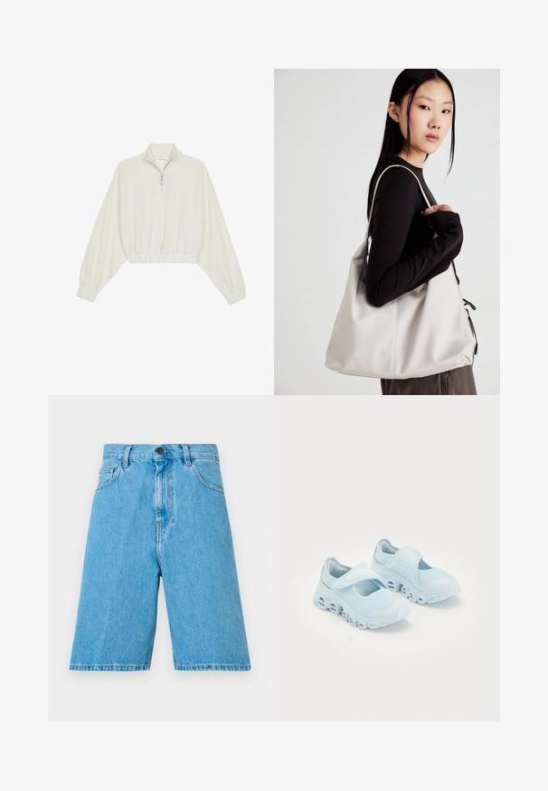 Kreptais pusītes džemperis krēmkrāsā, ar augstu apkakli, puszipa aizdari, elastīgu apakšmalu un aprocēm, ar gludu tekstūru un minimālistisku dizainu.; Gai zili džinsu šorti ar brīvu piegriezumu, ar jostu cilpām, pogu aizdari un priekšējām kabatām. Audumam ir gluda tekstūra.; Gaišzili sporta apavi ar sieta audumu, izteikti izgriezumi zolē un Velcro siksna virsū, lai nodrošinātu drošu piestiprināšanu.; Bežs rokassoma, izgatavota no mīksta materiāla, ar brīvu dizainu, izšūtu apdari un divām plecu siksnām. Piemērota ikdienas lietošanai.