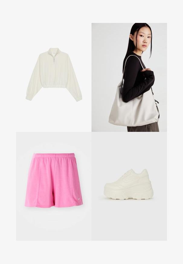 Krém színű, rövidített pulóver, magas gallérral, félig cipzáros záródással, elasztikus derék- és ujjakrésszel, sima textúrával és minimalista dizájnnal.; Rózsaszín sportnadrág puha anyagból, rugalmas derékkal és oldalsó logó díszítéssel. Egyenes szárú kivitel, sima textúrával.; Fehér platform sportcipők, sima bőrszerű felsőrésszel, kerek formával, párnázott bokával és texturált gumitalppal, jól definiált mintázattal.; Puha anyagból készült bézs kézitáska, laza dizájnnal, varrott részletekkel és két vállpánttal. Mindennapi használatra alkalmas.