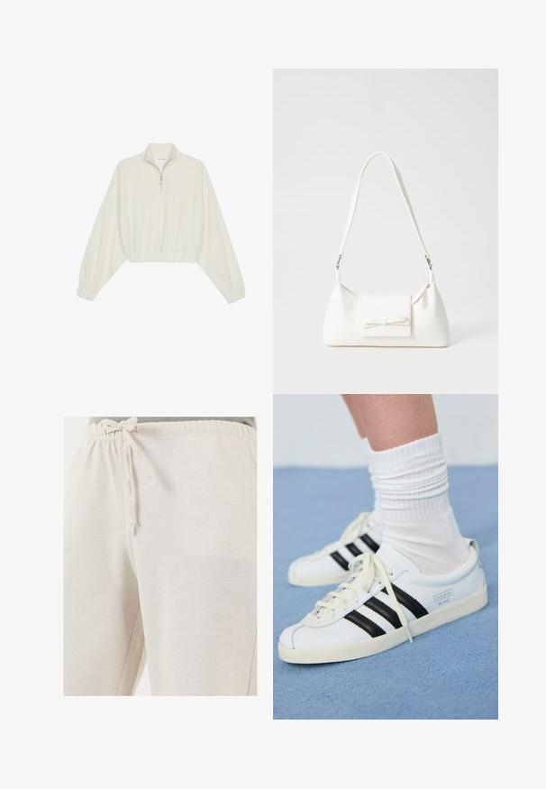 Geknipt pullover in crèmekleurige stof, met een hoge kraag, halve rits, elastische zoom en manchetten, met een soepele textuur en minimalistisch ontwerp.; LELA REGULAR FIT - Broek - beige; Witte leren sneakers met zwarte strepen, crèmekleurige zool en lichtkleurige veters. Draag met witte geribbelde sokken, gepositioneerd op een blauwe achtergrond.; Witte synthetische handtas met een driehoekige vorm, platte voorklep en strikdetail, verstelbare schouderriem, gladde textuur en minimalistisch ontwerp.