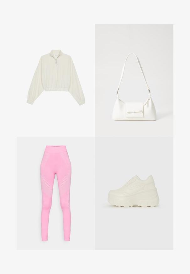 Pulover scurt din stofă crem, cu guler înalt, închidere cu fermoar pe jumătate, elastic la margini și la manșete, cu o textură netedă și un design minimalist.; Leggings atletice roz cu un talie înaltă, având modele subtile de valuri și accente cu puncte pe laturi. Material moale și elastic.; Adidași platformă albi, cu un superior neted asemănător cu pielea, formă rotunjită, guler căptușit și talpă din cauciuc texturată cu borduri bine definite.; Geantă sintetică albă, cu formă triangulară, capac frontal plat și detaliu cu fundă, curea ajustabilă, textură netedă și design minimalist.