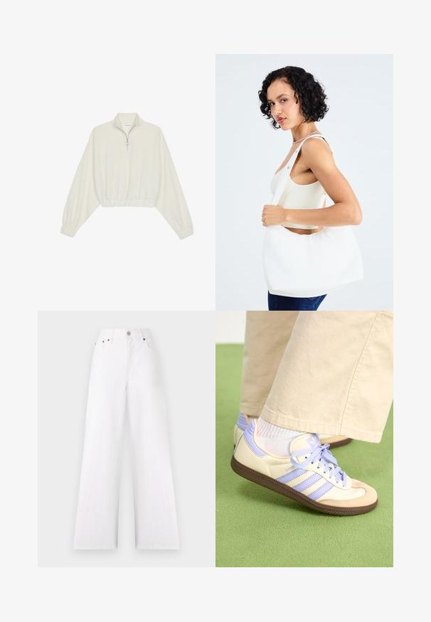 Cropped pullover in cream fabric, featuring a high collar, half-zip closure, elasticated hem and cuffs, with a smooth texture and minimal design.; White wide-leg jeans with a high waist, five-pocket design, silver button, and zipper fly. Made from denim with a textured finish.; Cream and lavender sneakers with three stripes and a textured brown sole, featuring laces and a padded heel. Soft fabric upper.; White shoulder bag made of smooth material, featuring an oval cutout and wide strap design. Simple and modern with no visible hardware.