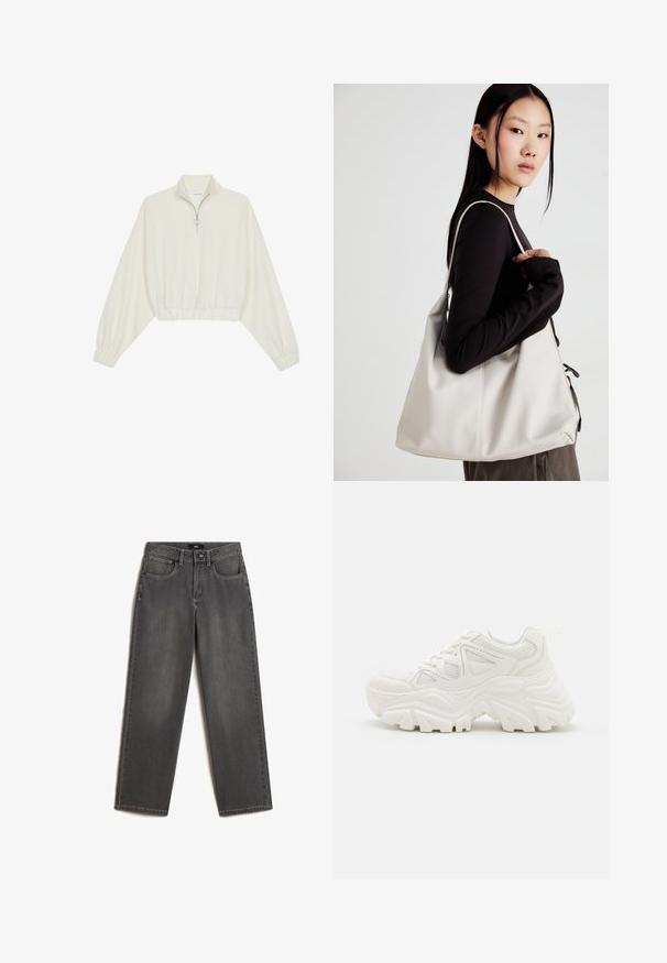Cropped pullover in cream fabric, featuring a high collar, half-zip closure, elasticated hem and cuffs, with a smooth texture and minimal design.; Gray wide-leg jeans made of denim. Features five pockets, a front button and zipper closure, and subtle fading on the fabric.; White chunky sneakers featuring a textured upper, mesh panels, and thick rubber soles with prominent tread pattern. Laces and pull tab included.; Beige handbag made of soft material, featuring a slouchy design, stitched detailing, and two shoulder straps. Suitable for everyday use.