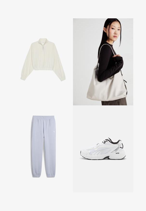 Pulover scurt din stofă crem, cu guler înalt, închidere cu fermoar pe jumătate, elastic la margini și la manșete, cu o textură netedă și un design minimalist.; Pantaloni de trening Puma gri deschis, confecționați dintr-un material moale, cu o talie elastică și manșete elastice. Prezintă un mic logo alb pe coapsa stângă.; Tenisii sport albi, cu un superior din plasă, accente negre, panouri texturate și o talpă cu amortizare pentru confort și suport.; Geantă bej din material moale, cu un design lejer, detalii cusute și două bretele pentru umăr. Potrivită pentru utilizarea zilnică.