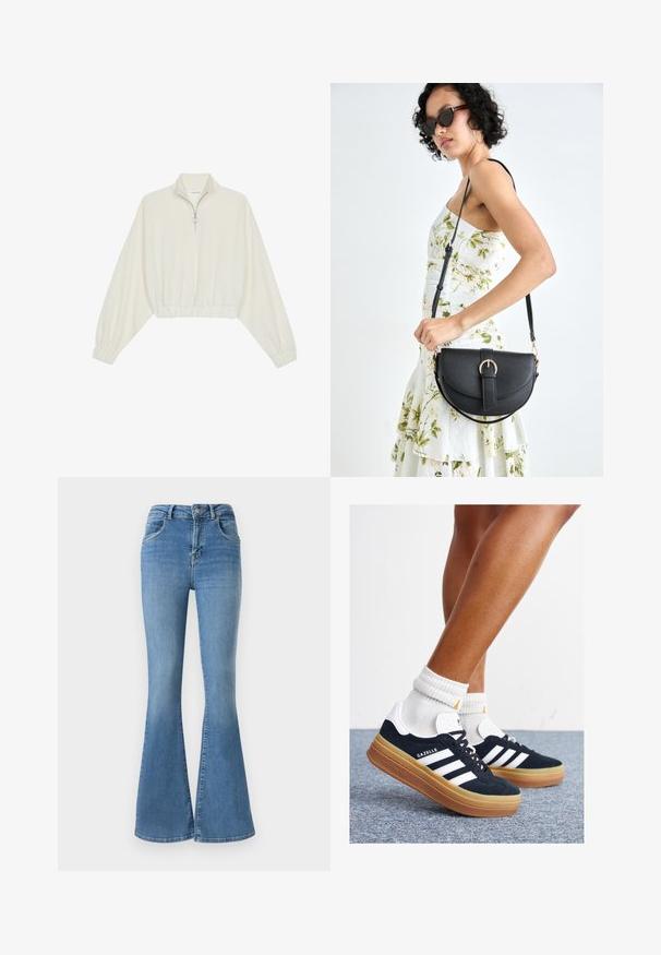 Kreemfarbenest lühikese varrukaga kudum, millel on kõrge kaelus, pool tõmblukk, elastne allosa ja varrukad, sile tekstuur ja minimaalne disain.; Sinised denimpüksid flare-lõikega, millel on kõrge talje, lukuga ja nööbiga sulgemine ning pleekinud disain koos õrnade kulumise detailidega.; Mustad seemisnahast tossud valgete triipude ja detailidega, ümarate varbassosadega, kummist välistallaga, paaritatud valgete soonikuliste meessokkidega.; Mustmust mustraha kõverate joontega, eemaldatava rihmaga ja kuldsete detailidega. Kotil on klapp, millel on pandladetail.