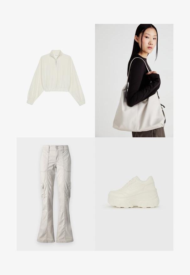Krém színű, rövidített pulóver, magas gallérral, félig cipzáros záródással, elasztikus derék- és ujjakrésszel, sima textúrával és minimalista dizájnnal.; A világosszürke cargo nadrág flared alsó résszel, dupla gombos záródással, elülső és oldalsó zsebekkel rendelkezik, sima, enyhén texturált anyagból készült.; Fehér platform sportcipők, sima bőrszerű felsőrésszel, kerek formával, párnázott bokával és texturált gumitalppal, jól definiált mintázattal.; Puha anyagból készült bézs kézitáska, laza dizájnnal, varrott részletekkel és két vállpánttal. Mindennapi használatra alkalmas.