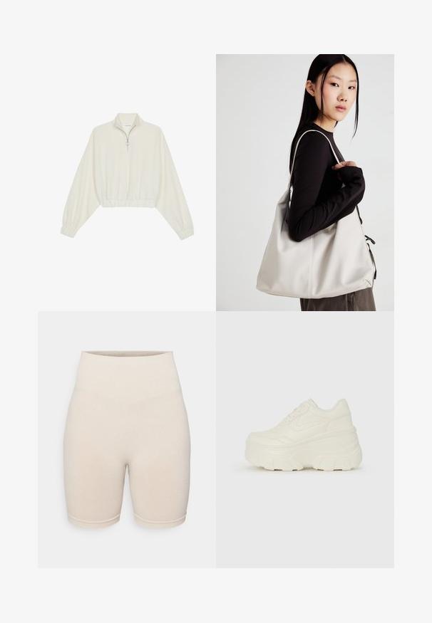 Lyhyt kerrosvaate vaaleasta kankaasta, jossa on korkea kaulus, puolivetoketjukiinnitys, joustavat helma ja hihansuut, tasainen pinta ja minimalistinen muotoilu.; Beige ribbede sykkelshorts med høy midje, med et teksturert mønster og en tettsittende design som strekker seg til midten av låret.; Valkoiset tasapohjakengät, joissa on sileä nahkamainen päällinen, pyöristetty muoto, pehmustettu nilkkaosa ja texturoitu kumipohja, jossa on hyvin määritellyt urat.; Beige laukku, joka on valmistettu pehmeästä materiaalista, ja siinä on rento muotoilu, ommeltu yksityiskohtia ja kaksi olkahihnaa. Sopii päivittäiseen käyttöön.