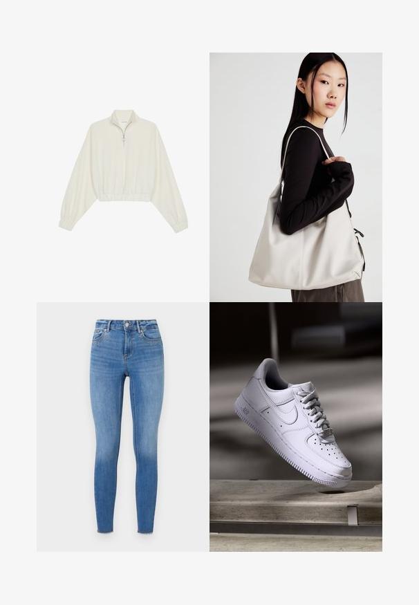 Krém színű, rövidített pulóver, magas gallérral, félig cipzáros záródással, elasztikus derék- és ujjakrésszel, sima textúrával és minimalista dizájnnal.; Világoskék denim anyagú, szűk farmernadrág, díszítő szegecsekkel az elülső zsebnél és sodrott szegéllyel a bokánál.; Fehér Nike Air Force 1 sportcipő lebeg egy betonfelület felett árnyékokkal, minimalista környezetben.; Puha anyagból készült bézs kézitáska, laza dizájnnal, varrott részletekkel és két vállpánttal. Mindennapi használatra alkalmas.