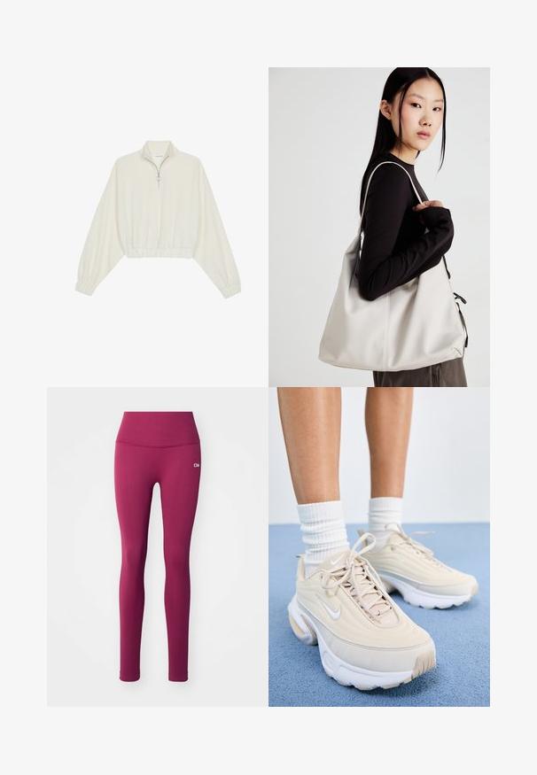Avkortad tröja i krämfärgad tyg, med hög krage, halvdragkedja, elastisk nederkant och ärmar, med en slät yta och minimalistisk design.; Lila ribbade leggings med hög midja och en liten vit logotyp. Tyget verkar elastiskt och slätt, lämpligt för aktiv klädsel.; Beiga träningsskor med en texturerad ovandel, vita snören och en tjock vit sula. Designen har subtila kurvor och en liten logotyp.; Beige handväska tillverkad av mjukt material, med en avslappnad design, sydda detaljer och två axelremmar. Lämplig för dagligt bruk.