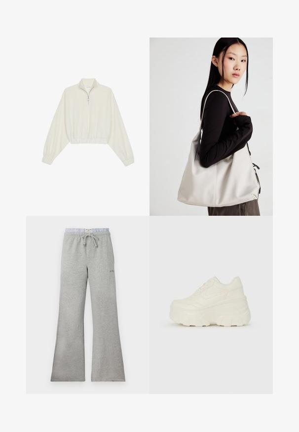 Kreptais pusītes džemperis krēmkrāsā, ar augstu apkakli, puszipa aizdari, elastīgu apakšmalu un aprocēm, ar gludu tekstūru un minimālistisku dizainu.; Pelēkas svārces, kas izgatavotas no mīkstas auduma, ar diega jostu un svītru rakstu, relaksēta, plaša šīfera forma.; Baltie platformas sporta apavi, kas izgatavoti no gludas mākslīgās ādas, ar noapaļotu formu, mīkstu apkakli un teksturētu gumijas zoli ar izteiktiem rakstiem.; Bežs rokassoma, izgatavota no mīksta materiāla, ar brīvu dizainu, izšūtu apdari un divām plecu siksnām. Piemērota ikdienas lietošanai.