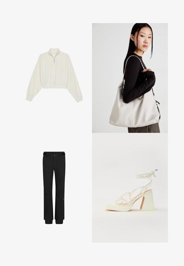 Gerippter Pullover aus cremefarbener Baumwolle mit hohem Kragen, halbem Reißverschluss, elastischen Säumen und Bündchen, glatter Textur und minimalistischem Design.; Schwarze Outdoor-Hosen verfügen über einen Standardbund mit einem Gürtel, einen Druckknopfverschluss, elastische Bündchen und ein Logo am Unterschenkel. Leichtes, strapazierfähiges Material.; Weiße High-Heel-Sandale mit einem klobigen Absatz, die über ein Riemchendesign und ein Knöchelband verfügt. Glatte Textur mit einer Plattform vorne für zusätzliche Höhe.; Beige Handtasche aus weichem Material, mit einem lässigen Design, gesteppten Details und zwei Schulterriemen. Geeignet für den täglichen Gebrauch.