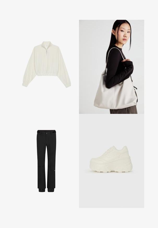 Pullover curto em tecido creme, apresentando um colarinho alto, fecho de meio zíper, bainha e punhos elásticos, com uma textura suave e design minimalista.; Calças externas pretas apresentam um cós padrão com um cinto, fecho de botão, punhos elásticos e um logótipo na parte inferior da perna. Tecido leve e durável.; Tênis brancos de plataforma com um cabedal suave semelhante a couro, formato arredondado, colarinho acolchoado e sola de borracha texturizada com ranhuras bem definidas.; Uma bolsa bege feita de material macio, com um design descontraído, detalhes de costura e duas alças para o ombro. Adequada para uso diário.