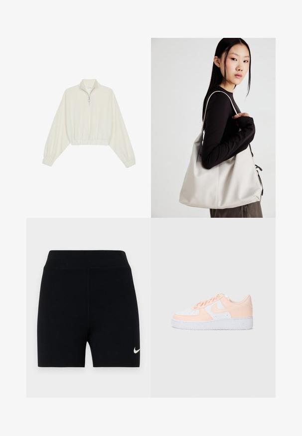 Skraćeni pulover od kremastog materijala, s visokim ovratnikom, zatvaranjem na polovicu munje, elastičnim rubom i manžetama, s glatkom teksturom i minimalnim dizajnom.; Crne atletske kratke hlače od rastezljive tkanine s visokim pojasom. Imaju mali bijeli Nike logo s lijeve strane. Glatka tekstura.; Nike Air Force 1 tenisice imaju bijeli kožni gornji dio s mekanim ružičastim naglascima. Gumeni potplat je teksturiran za bolje prianjanje. Klasičan dizajn i vezivanje.; Bežna torba od mekog materijala s opuštenim dizajnom, šivanim detaljima i dva remena za rame. Pogodna za svakodnevnu upotrebu.
