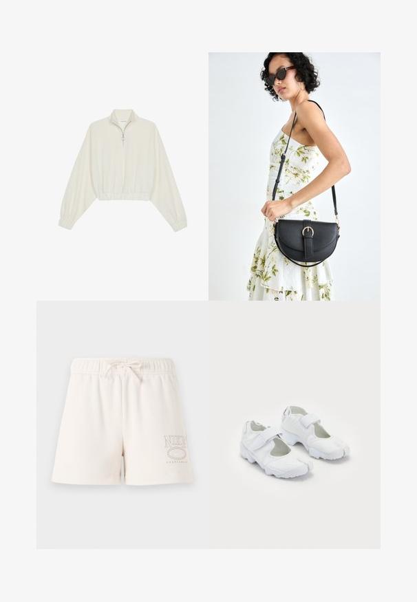 Avkortad tröja i krämfärgad tyg, med hög krage, halvdragkedja, elastisk nederkant och ärmar, med en slät yta och minimalistisk design.; Ljust beige bomullsshorts med elastisk midja, justerbar dragsko och "NIKE SPORTSWEAR"-logga tryckt i ljusbrunt på sidan.; Vitaididra skor med texturerad ovandel, justerbart kardborreband, rund tå och en kraftig sula med distinkt mönster.; Svart läderhandväska med en böjd form, avtagbar rem och guldiga detaljer. Väskan har ett lock med en spänndetalj.