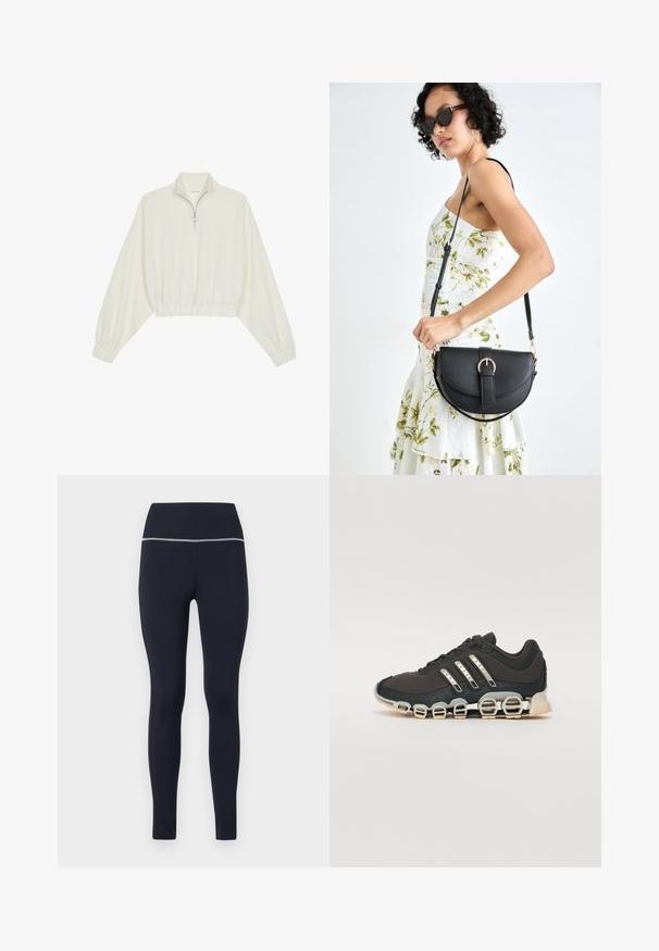 Kreemfarbenest lühikese varrukaga kudum, millel on kõrge kaelus, pool tõmblukk, elastne allosa ja varrukad, sile tekstuur ja minimaalne disain.; Tumes sinised trikoopüksid, mis on valmistatud venivast kangast, laia vöökoha ja pealmises osas peegelduva äärisega nähtavuse tagamiseks.; Must have sportlik kingad musta värvi, millel on tekstuuriga pealisosa, kolm hõbedast triipu ja eristuv pehmendusnähtus, millel on mitmed integreeritud osad.; Mustmust mustraha kõverate joontega, eemaldatava rihmaga ja kuldsete detailidega. Kotil on klapp, millel on pandladetail.