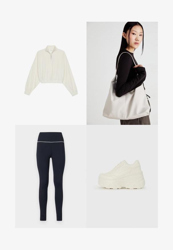 Sudadera cropped en tejido crema, con cuello alto, cierre de media cremallera, dobladillo y puños elásticos, con una textura suave y un diseño minimalista.; Leggings ajustados de color marino hechos de una tela elástica, con una cinturilla ancha que incluye un ribete reflectante en la parte superior para mayor visibilidad.; Zapatillas de plataforma blancas con un upper suave similar al cuero, forma redondeada, cuello acolchado y suela de goma texturizada con surcos definidos.; Bolso de mano beige hecho de material suave, con un diseño holgado, detalles cosidos y dos asas. Adecuado para uso diario.