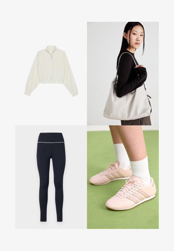 Pullover curto em tecido creme, apresentando um colarinho alto, fecho de meio zíper, bainha e punhos elásticos, com uma textura suave e design minimalista.; Leggings ajustados em azul-marinho feitos de tecido elástico, com uma cintura larga e um acabamento refletor ao longo da parte superior para maior visibilidade.; Ténis atléticos rosa claro com costura diagonal, solas brancas e três riscas laterais. Usados com meias brancas com nervuras sobre uma superfície verde.; Uma bolsa bege feita de material macio, com um design descontraído, detalhes de costura e duas alças para o ombro. Adequada para uso diário.