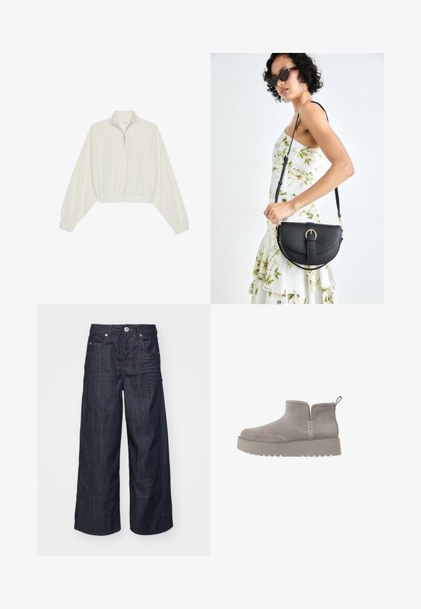 Skraćeni pulover od kremastog materijala, s visokim ovratnikom, zatvaranjem na polovicu munje, elastičnim rubom i manžetama, s glatkom teksturom i minimalnim dizajnom.; Tamno plave široke traperice s prednjim kopčanjem na gumb i zatvaračem, petlju za remen i pet džepova na bijeloj pozadini.; Sive zimske čizme od antilopa niskog profila, s elastičnim bočnim panelima i teksturiranom gumenenom potplatom. Imaju traku za lakše oblačenje.; Crna kožna torba s lukovitim oblikom, odvojivim remenom i zlatnim detaljima. Torba ima preklop s kopčom.