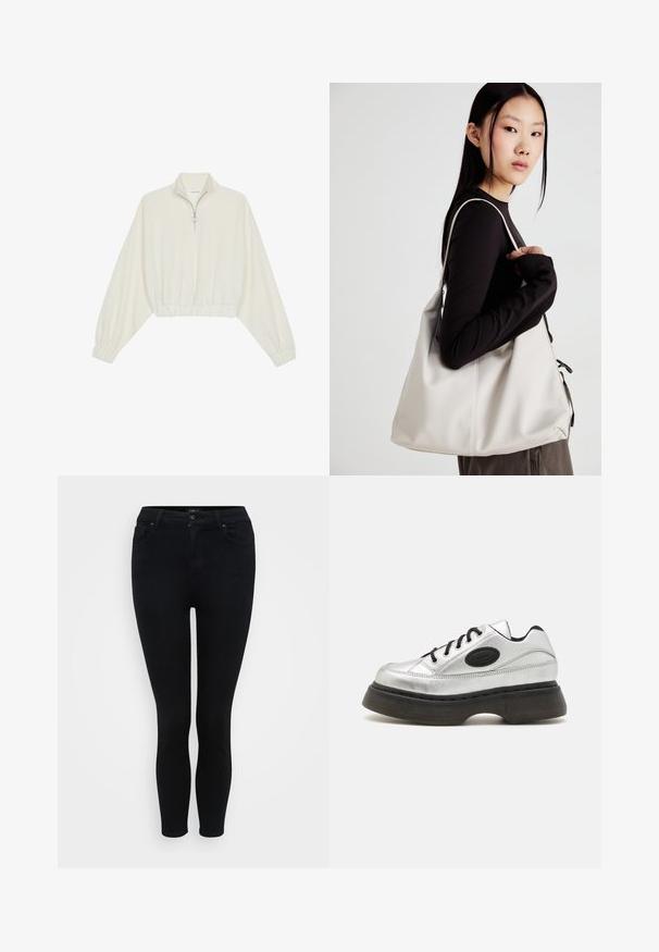 Krém színű, rövidített pulóver, magas gallérral, félig cipzáros záródással, elasztikus derék- és ujjakrésszel, sima textúrával és minimalista dizájnnal.; Fekete, slim fit farmernadrág sima denim felülettel, klasszikus ötpocket dizájnnal, gombos záródással és közepes derékszámmal.; Ezüst bőr sneaker fekete fűzõvel, lekerekített orral és vastag gumi talppal. Különleges logós pamaccsal rendelkezik az oldalon.; Puha anyagból készült bézs kézitáska, laza dizájnnal, varrott részletekkel és két vállpánttal. Mindennapi használatra alkalmas.