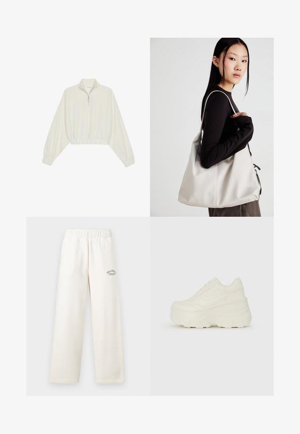 Pullover curto em tecido creme, apresentando um colarinho alto, fecho de meio zíper, bainha e punhos elásticos, com uma textura suave e design minimalista.; Calças largas de cor creme feitas de material suave, com uma cintura elástica. Apresenta texto bordado em verde discreto na frente.; Tênis brancos de plataforma com um cabedal suave semelhante a couro, formato arredondado, colarinho acolchoado e sola de borracha texturizada com ranhuras bem definidas.; Uma bolsa bege feita de material macio, com um design descontraído, detalhes de costura e duas alças para o ombro. Adequada para uso diário.