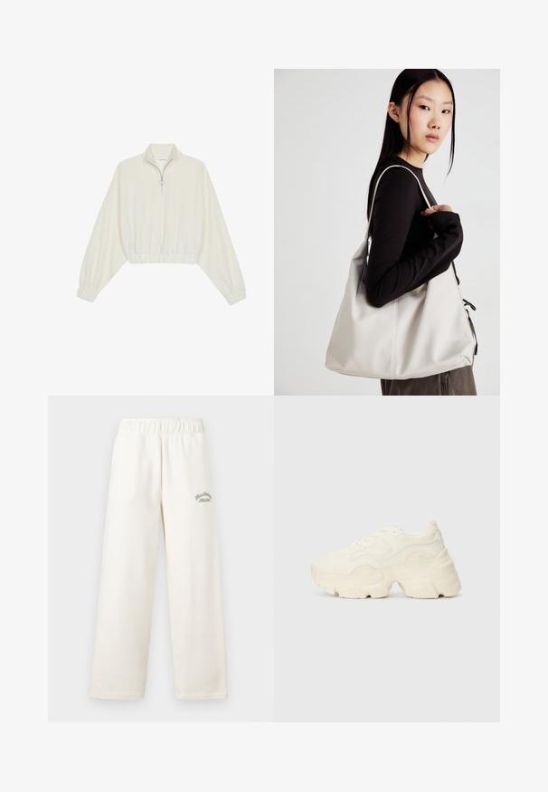 Pullover curto em tecido creme, apresentando um colarinho alto, fecho de meio zíper, bainha e punhos elásticos, com uma textura suave e design minimalista.; Calças largas de cor creme feitas de material suave, com uma cintura elástica. Apresenta texto bordado em verde discreto na frente.; Sapatilhas brancas chunky feitas de malha texturizada e materiais sintéticos, apresentando uma sola espessa e detalhes de padrão intrincados ao longo dos lados.; Uma bolsa bege feita de material macio, com um design descontraído, detalhes de costura e duas alças para o ombro. Adequada para uso diário.
