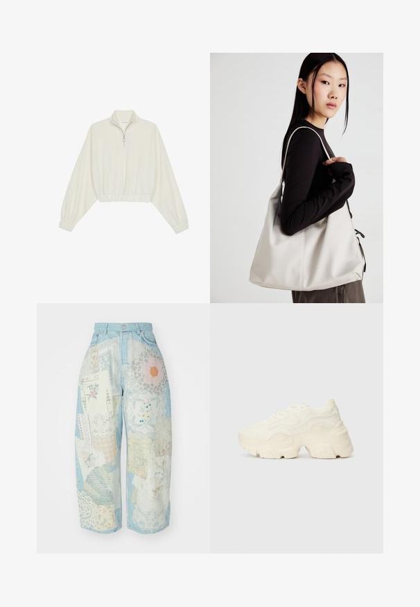 Kreemfarbenest lühikese varrukaga kudum, millel on kõrge kaelus, pool tõmblukk, elastne allosa ja varrukad, sile tekstuur ja minimaalne disain.; Denim püksid, millel on patchwork disain erinevatest kangast helesinises, valges ja pastellsetes värvitoonides, esitades pitsi ja lillemustri.; Paksud valged tennised, mis on valmistatud tekstureeritud võrgu- ja sünteetilistest materjalidest, pakuvad paksu tallaga ja keerukat mustrit külgedel.; Bež käekott pehme materjali, millel on lõtv disain, õmblustega detailid ja kaks õlarihma. Sobib igapäevaseks kasutamiseks.