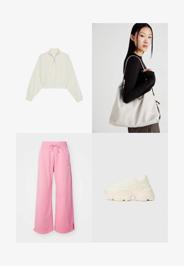 Kreminės spalvos trumpas megztinis, turintis aukštą apykaklę, pusiau užtrauktuką, elastinį apačią irRankovių kraštus, su lygiu paviršiumi ir minimalizuotu dizainu.; Rožinės sportinės kelnės, pasižyminčios laisvu siluetu, minkšta medvilne, reguliuojamu raiščiu liemeniui ir šoninėmis skeltimis ant kraštų. Pastebima logotipo detalė.; Masyvios baltos sportbačiai, pagaminti iš tekstūruoto tinklelio ir sintetinių medžiagų, pasižymintys storu padu ir išsamiu raštų detalizavimu šonuose.; Bežinė rankinė, pagaminta iš minkštos medžiagos, turinti laisvą dizainą, siuvinėtas detalės ir dvi petnešos. Tinkama kasdieniam naudojimui.