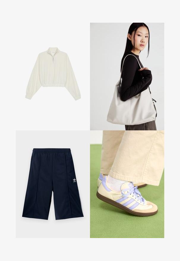 Kreminės spalvos trumpas megztinis, turintis aukštą apykaklę, pusiau užtrauktuką, elastinį apačią irRankovių kraštus, su lygiu paviršiumi ir minimalizuotu dizainu.; Kariniai mėlyni sportiniai šortai su elastine juosta ir šoninėmis kišenėmis, su balta Adidas logotipo etikete apatiniame kairiajame šlaunyje.; Kreminės ir levandų spalvos sportbačiai su trims juostelėmis ir tekstūruota ruda padais, su raišteliais ir paminkštintu kulnu. Minkšta medžiaginė viršutinė dalis.; Bežinė rankinė, pagaminta iš minkštos medžiagos, turinti laisvą dizainą, siuvinėtas detalės ir dvi petnešos. Tinkama kasdieniam naudojimui.