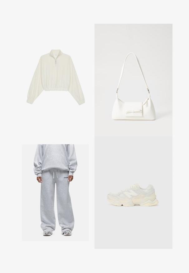 Geknipt pullover in crèmekleurige stof, met een hoge kraag, halve rits, elastische zoom en manchetten, met een soepele textuur en minimalistisch ontwerp.; Grijze sweatshirt met een losse pasvorm en oversized mouwen, gecombineerd met bijpassende wijde sweatpants. Beide hebben een zachte textuur en minimale logo-details.; Lichte sneaker met een bovenwerk van mesh en suede in zachte crèmekleuren, met een chunky zool en driedimensionale accenten.; Witte synthetische handtas met een driehoekige vorm, platte voorklep en strikdetail, verstelbare schouderriem, gladde textuur en minimalistisch ontwerp.