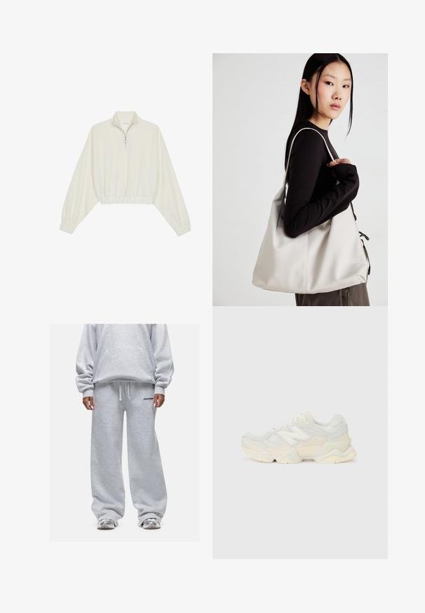 Pullover accorciato in tessuto crema, con colletto alto, chiusura a zip parziale, orlo e polsini elasticizzati, dalla texture liscia e design minimal.; Felpa grigia con vestibilità morbida e maniche oversize, abbinata a pantaloni della tuta a gamba larga coordinati. Entrambi presentano una consistenza morbida e un logo minimale.; Sneaker leggera con tomaia in rete e camoscio in morbide tonalità crema, dotata di una suola spessa e di accenti tridimensionali.; Borsa a mano beige realizzata in materiale morbido, caratterizzata da un design morbido, dettagli cuciti e due manici. Adatta per l'uso quotidiano.