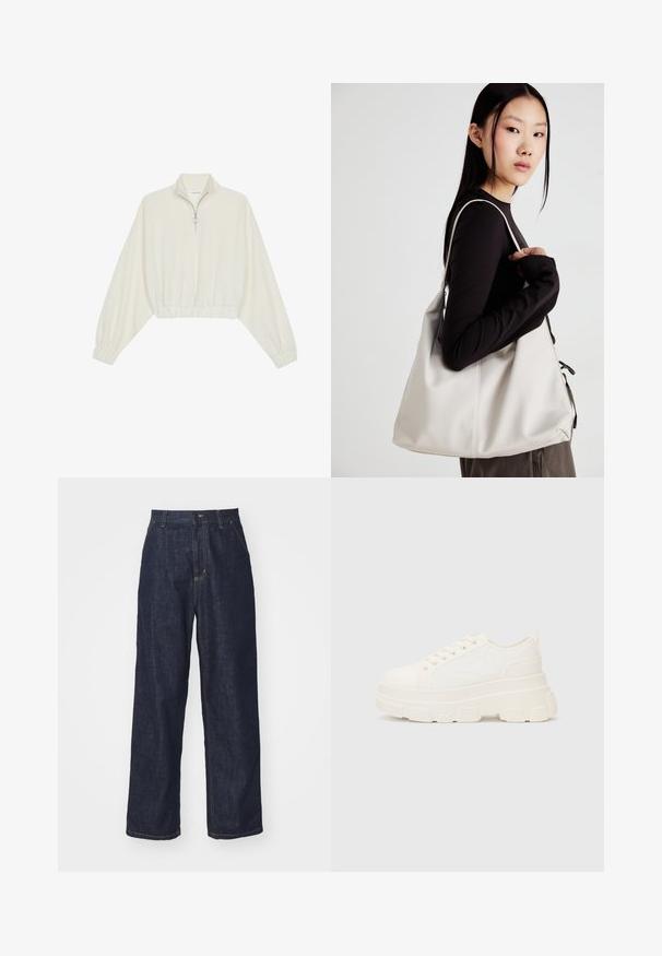 Kreminės spalvos trumpas megztinis, turintis aukštą apykaklę, pusiau užtrauktuką, elastinį apačią irRankovių kraštus, su lygiu paviršiumi ir minimalizuotu dizainu.; Tamsiai mėlynos tiesios kojos džinsai su diržo kilpomis, priekyje mygtukas ir šoninės kišenės, ant baltos fono.; Balti drobės sportbačiai su storu padu, apvalia nosimi ir penkiomis akytėmis raištams. Gale yra kilputė, kad būtų lengva užsidėti. Sklandus paviršius, minimalistinis dizainas.; Bežinė rankinė, pagaminta iš minkštos medžiagos, turinti laisvą dizainą, siuvinėtas detalės ir dvi petnešos. Tinkama kasdieniam naudojimui.