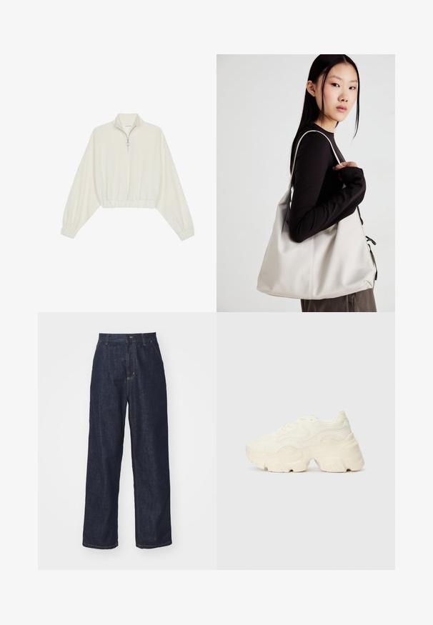 Zkrátený pulover z krémového materiálu, s vysokým golierom, polovičným zipsom, elastickým lemom a manžetami, s hladkou textúrou a minimalistickým dizajnom.; Tmavomodré rifle s rovnými nohavicami, s pútkami na opasok, predným gombíkom a bočnými vreckami na bielom pozadí.; Masívne biele tenisky vyrobené z texturovanej sieťoviny a syntetických materiálov, s hrubou podošvou a zložitými vzorovými detailmi na bokoch.; Béžová kabelka vyrobená z mäkkého materiálu, s uvoľneným dizajnom, prišitými detailmi a dvoma popruhmi na nosenie na pleciach. Vhodná na každodenné nosenie.
