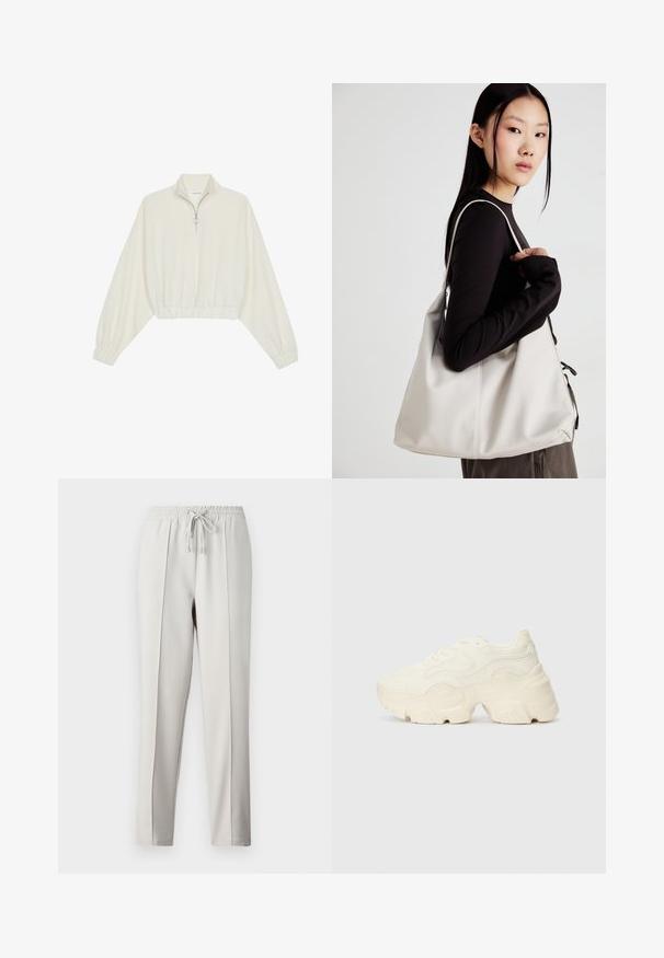 Kreemfarbenest lühikese varrukaga kudum, millel on kõrge kaelus, pool tõmblukk, elastne allosa ja varrukad, sile tekstuur ja minimaalne disain.; Heledhalli uisupüksid elastse vöökoha, paelaga ja külgõmblustega. Valmistatud siledast kangast, et saavutada mugav istuvus.; Paksud valged tennised, mis on valmistatud tekstureeritud võrgu- ja sünteetilistest materjalidest, pakuvad paksu tallaga ja keerukat mustrit külgedel.; Bež käekott pehme materjali, millel on lõtv disain, õmblustega detailid ja kaks õlarihma. Sobib igapäevaseks kasutamiseks.