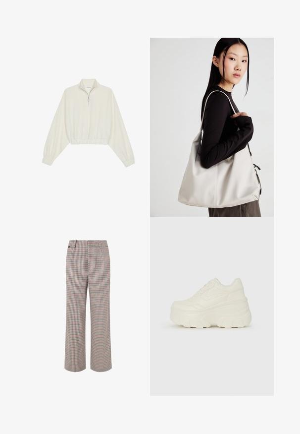 Kreptais pusītes džemperis krēmkrāsā, ar augstu apkakli, puszipa aizdari, elastīgu apakšmalu un aprocēm, ar gludu tekstūru un minimālistisku dizainu.; Pārbaudītas bikses bēšā, sarkanā un jūras zilā krāsā. Plaša kāju dizains ar pielāgotu jostu un krokām, ar faktūrētu auduma apdari.; Baltie platformas sporta apavi, kas izgatavoti no gludas mākslīgās ādas, ar noapaļotu formu, mīkstu apkakli un teksturētu gumijas zoli ar izteiktiem rakstiem.; Bežs rokassoma, izgatavota no mīksta materiāla, ar brīvu dizainu, izšūtu apdari un divām plecu siksnām. Piemērota ikdienas lietošanai.