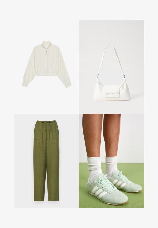 Kreemfarbenest lühikese varrukaga kudum, millel on kõrge kaelus, pool tõmblukk, elastne allosa ja varrukad, sile tekstuur ja minimaalne disain.; Õlivärvi, laiad püksid, mis on valmistatud tekstuurilisest kangast, millel on elastne vöökoht koos paelaga ja kaks küljetaskut.; Minti roheline spordijalatsite paar, millel on valged triibud, siledast nahast tekstuur, ümmargune varvas ja kummist välispohjad, koos valgete ribakudumitega sokkidega.; Valge sünteetilisest materjalist kott kolmnurkse kujuga, lame esiklapiga ja kaaredetailiga, reguleeritava rihmaga, sileda tekstuuriga ja minimalistliku disainiga.