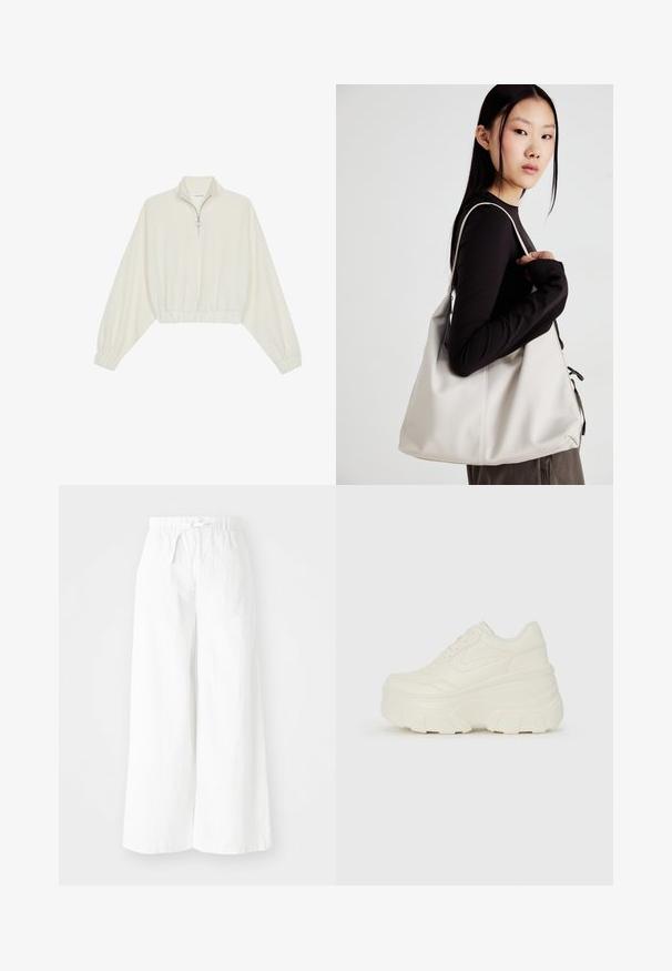 Pullover court en tissu crème, avec un col haut, fermeture éclair à mi-hauteur, ourlet et poignets élastiqués, offrant une texture lisse et un design minimaliste.; Pantalons larges blancs avec une taille élastique, présentant un nœud à l'avant. Confectionnés en tissu léger, adaptés pour un usage décontracté.; Baskets plateformes blanches avec une tige en simili cuir lisse, une forme arrondie, un col rembourré et une semelle en caoutchouc texturé avec des crampons définis.; Sac à main beige en matériau souple, avec un design décontracté, des détails cousus et deux poignées. Idéal pour un usage quotidien.