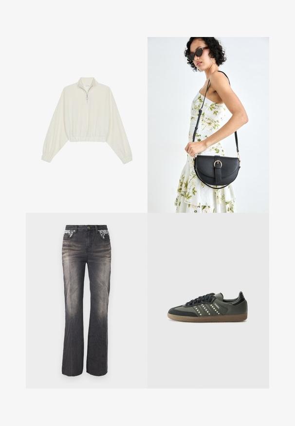 Krém színű, rövidített pulóver, magas gallérral, félig cipzáros záródással, elasztikus derék- és ujjakrésszel, sima textúrával és minimalista dizájnnal.; Fekete farmernadrág egyenes lábbal, csipkebetéttel a zsebeknél és enyhe kopással. A hardver fémgombból és szegecsekből áll.; adidas Originals SAMBA OG - Sportcipő - core black/legend earth/gum; Fekete bőrtáska ívelt formával, levehető pánttal és arany színű fémrészekkel. A táskán egy csattal díszített fedél található.